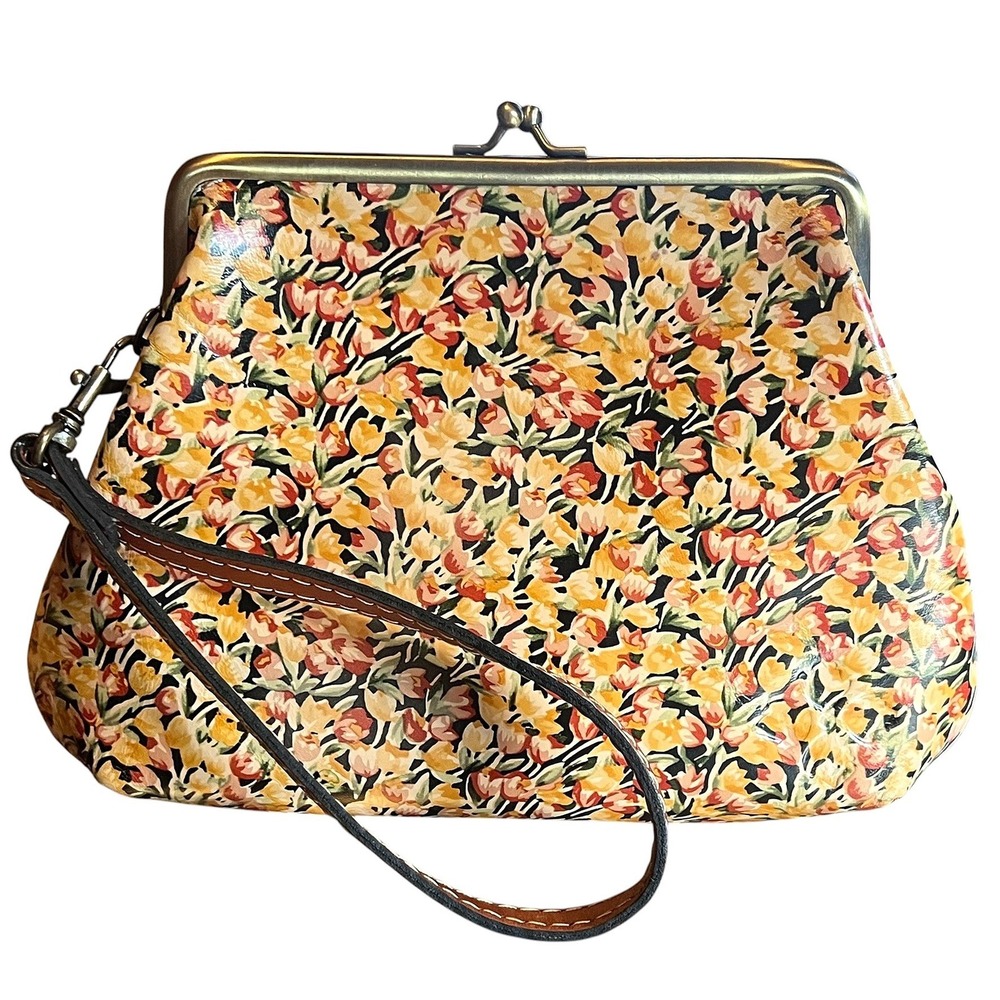 Patricia Nash Floral Leather Wristlet Yellow Orange Kiss Lock Frame Bag Pouch